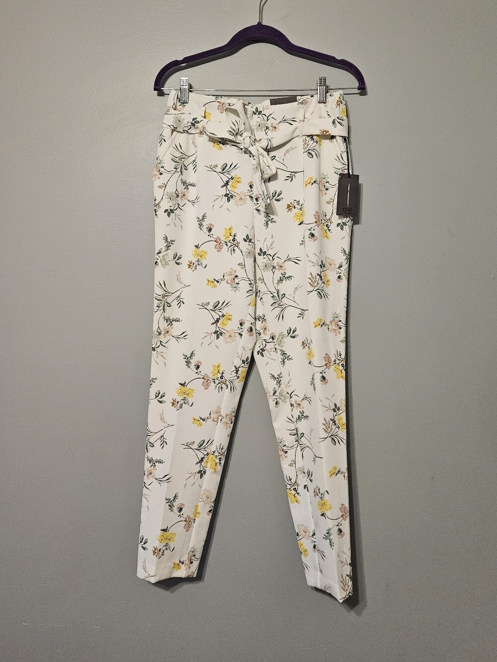 Floral Tie-Waist Straight Leg Trousers in White with Yellow & Green
